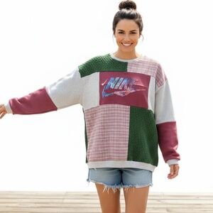 Upcycled NIKE Patchwork Sweatshirt.  "Green 7 Maroon Galaxy"  One of a Kind.